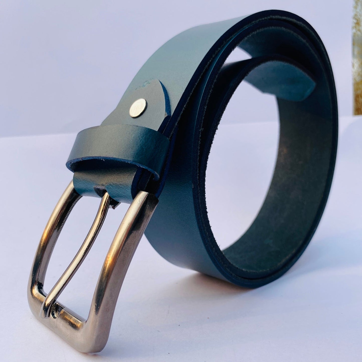 Full Grain Buffalo Leather Belt - Blue, 2-Year Warranty