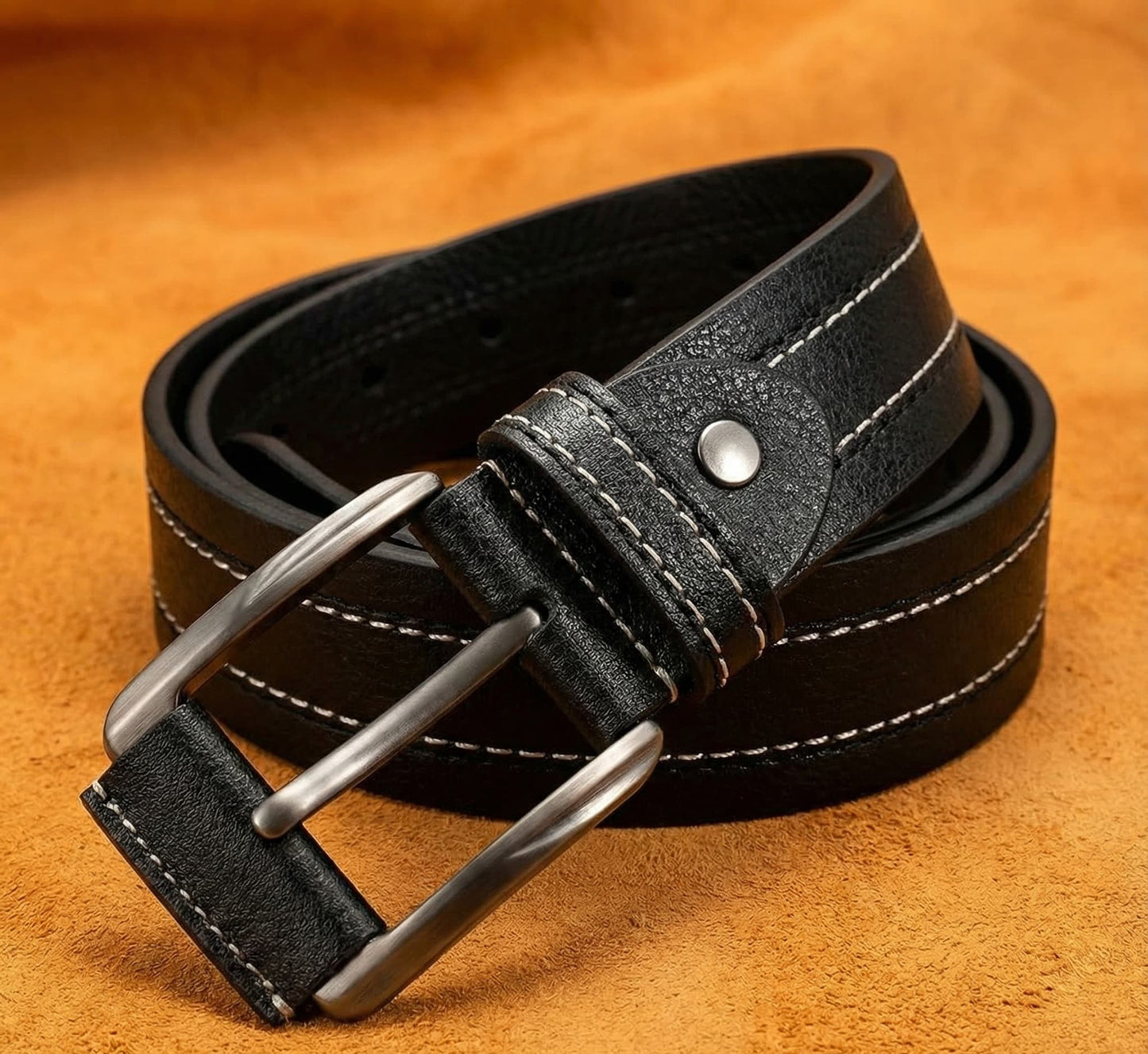 Black leather belt with silver buckle on a brown background