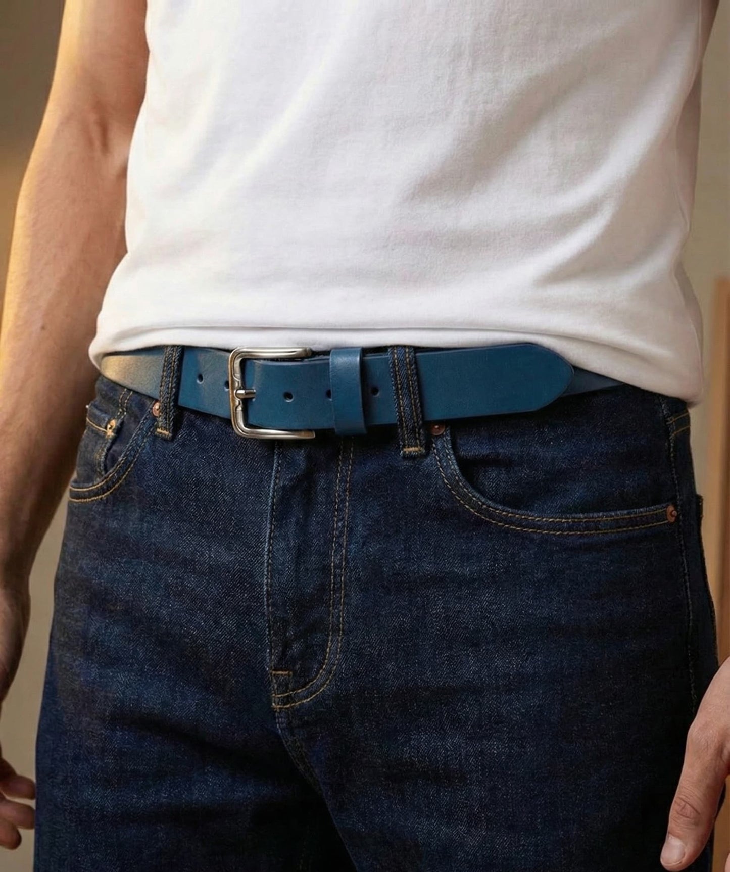 Pull Up Buffalo Leather Belt - Blue, Best For Jeans