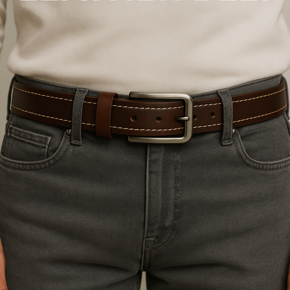 Dark Brown Full Grain 100% Leather Jeans Belt - White Contrast Stitching