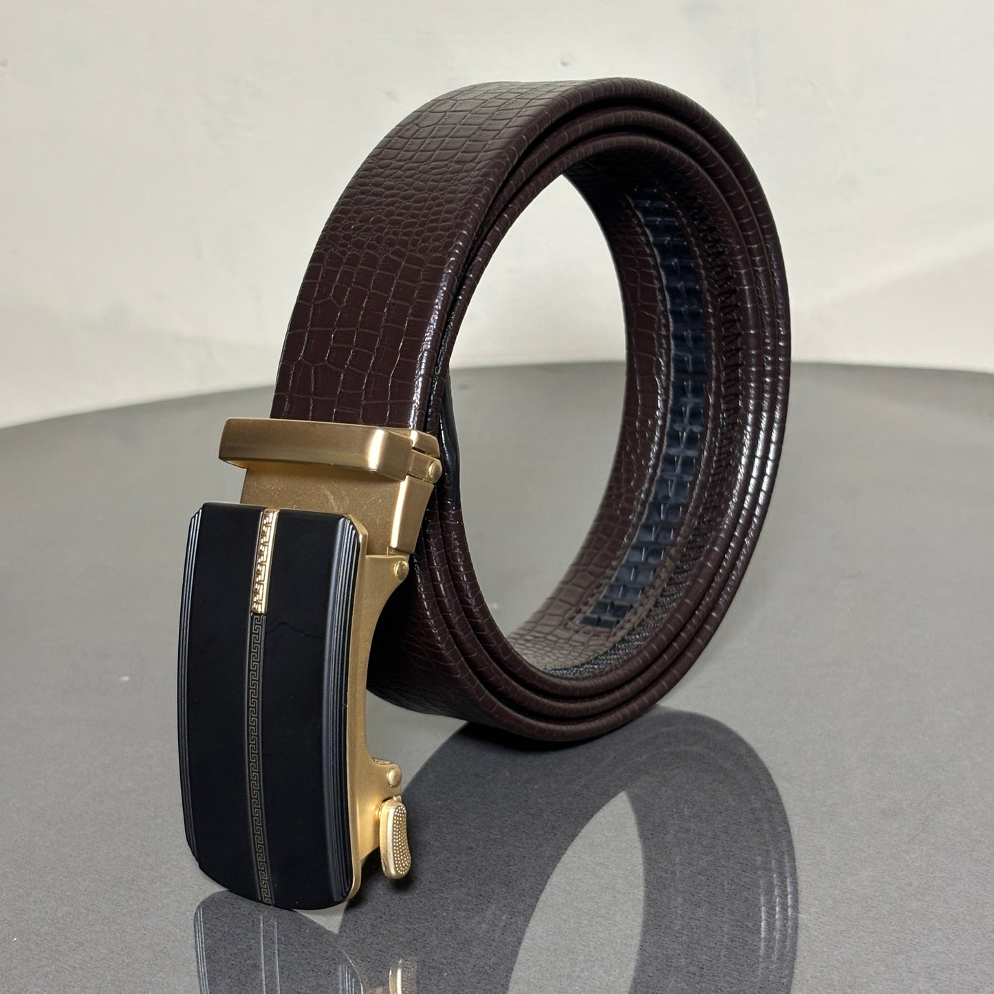 Imported Luxe Auto Lock Belt – Parttern Choclate Brown - Versatile Buckle Collection