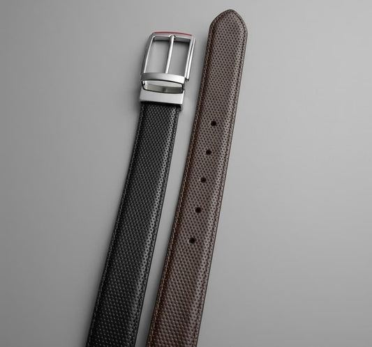 2-in-1 Double-Sided Cow Leather High Chrome Finish Belt - Perforated Black & Brown