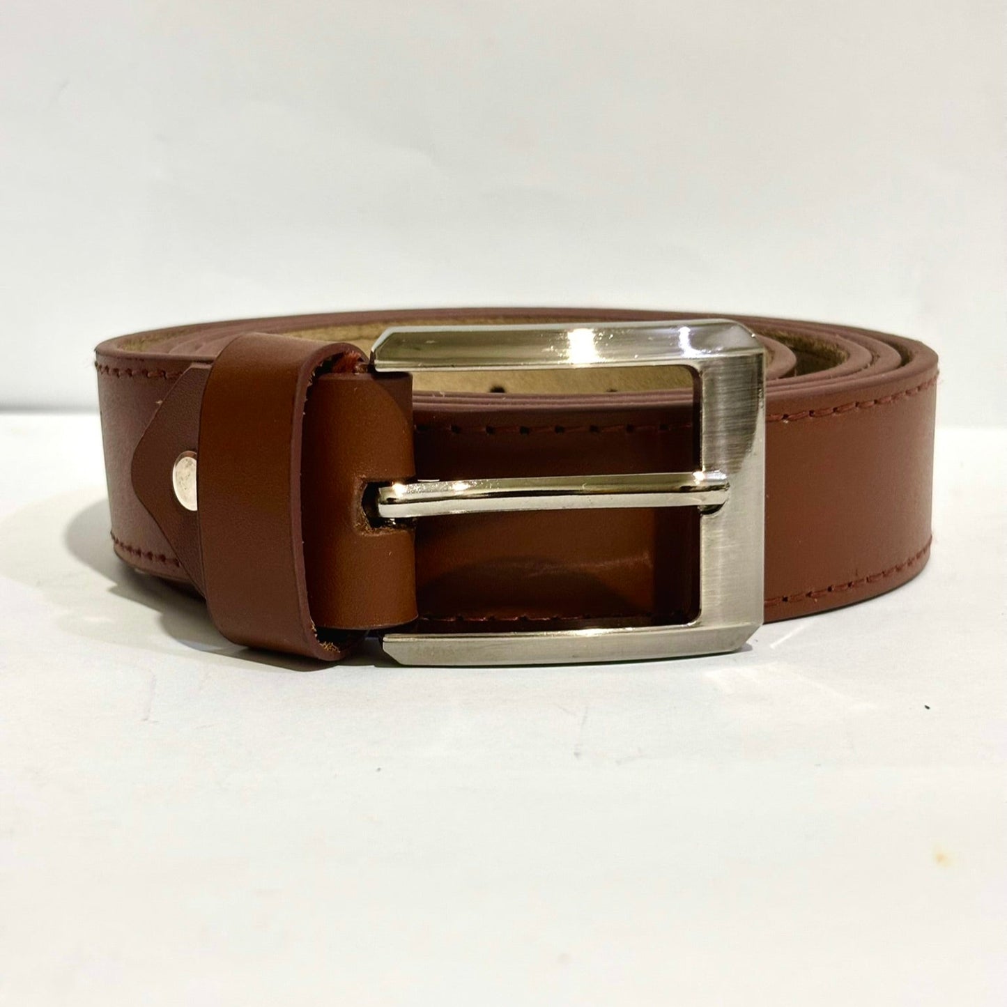 Brown Full Grain 100 % Leather Dress Belt with Contrast Stitching