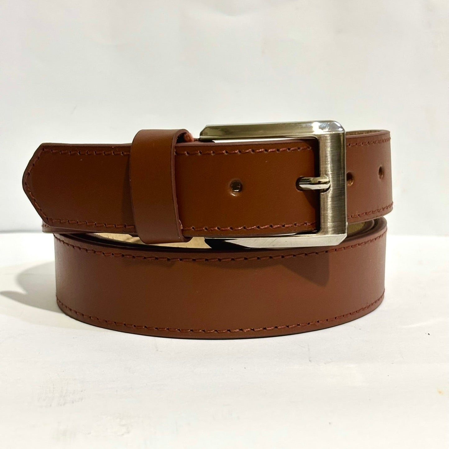 Brown Full Grain 100 % Leather Dress Belt with Contrast Stitching