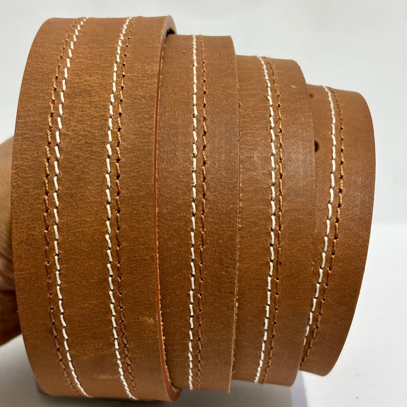 Tan Full Grain 100 % Leather Jeans Belt - White Contrast Stitching