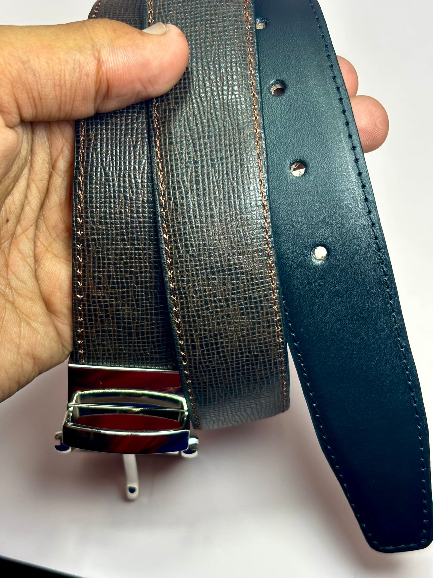 2-in-1 Double-Sided Natural Cow Leather Belt - Black & Brown Textured