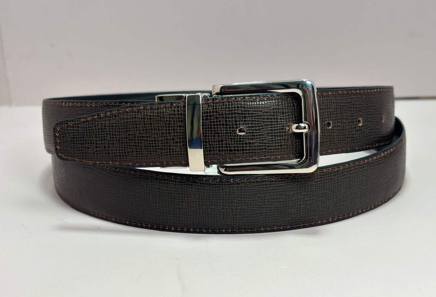 2-in-1 Double-Sided Natural Cow Leather Belt - Black & Brown Textured