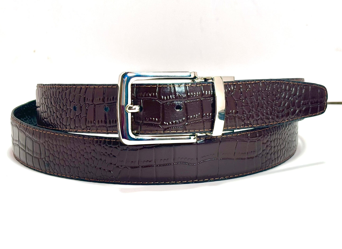 2-in-1 Double-Sided Cow Leather High Chrome Finish Belt - Crocodile Black & Brown