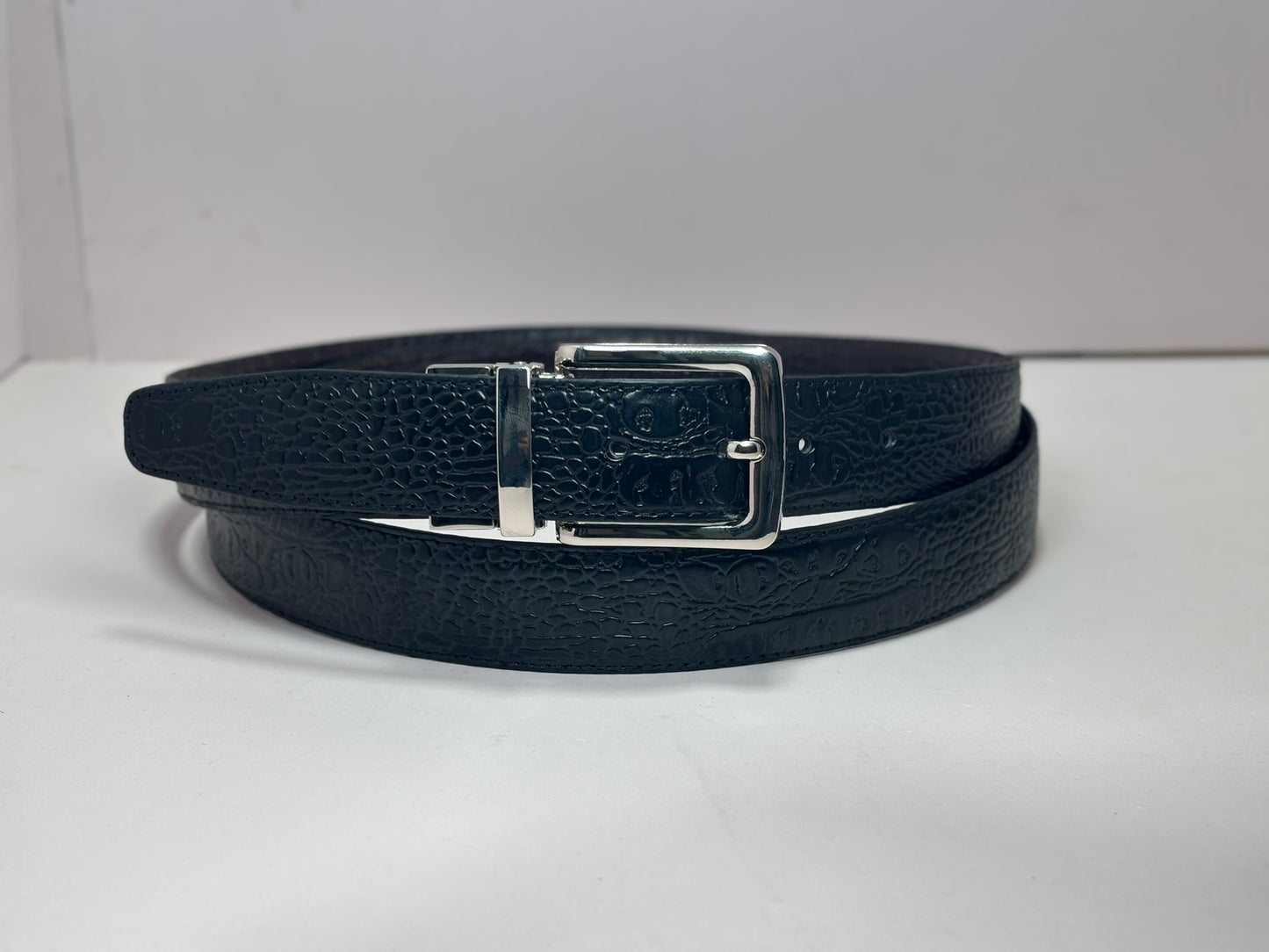 2-in-1 Double-Sided Cow Leather High Chrome Finish Belt - Crocodile Black & Brown