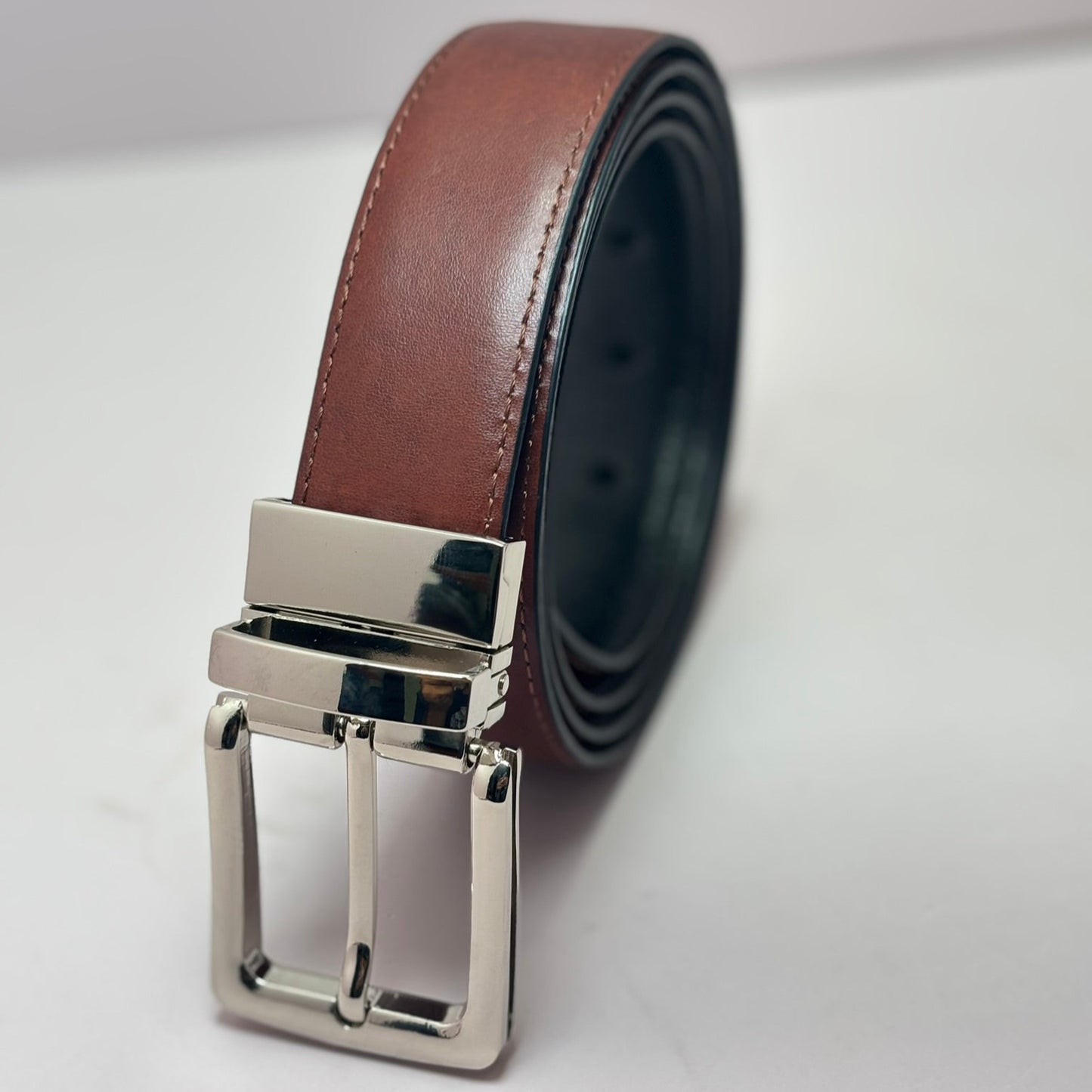 2-in-1 Double-Sided Cow Leather High Chrome Finish Belt - Black & Deep Brown