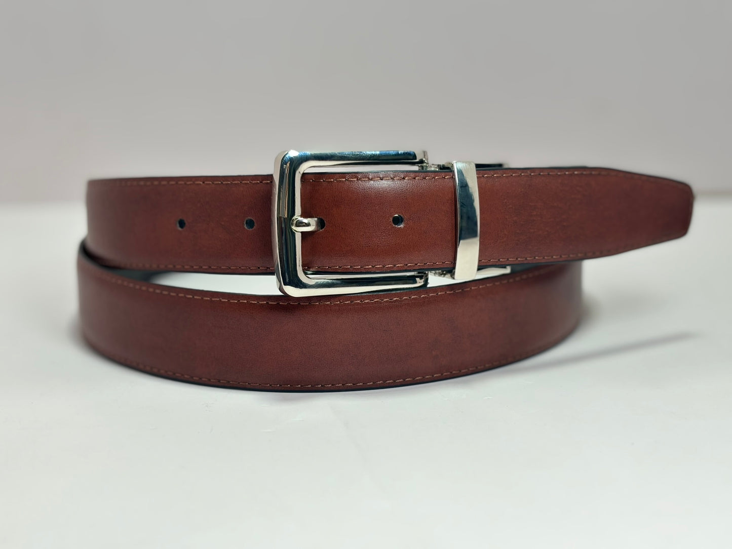 2-in-1 Double-Sided Cow Leather High Chrome Finish Belt - Black & Deep Brown