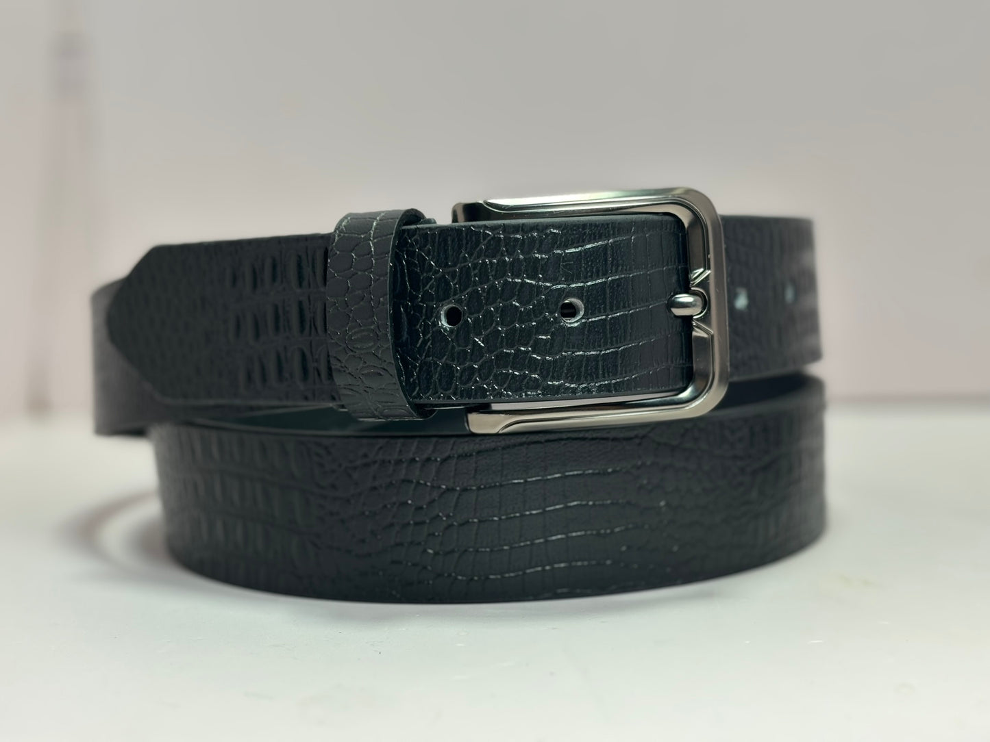 Full Grain Buffalo Leather Belt - Crocodile Black, 2-Year Warranty Against Peeling