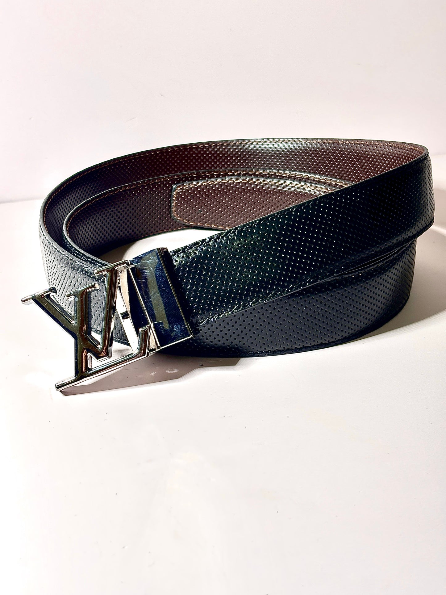 2-in-1 Double-Sided Cow Leather High Chrome Finish Belt - Perforated Black & Brown