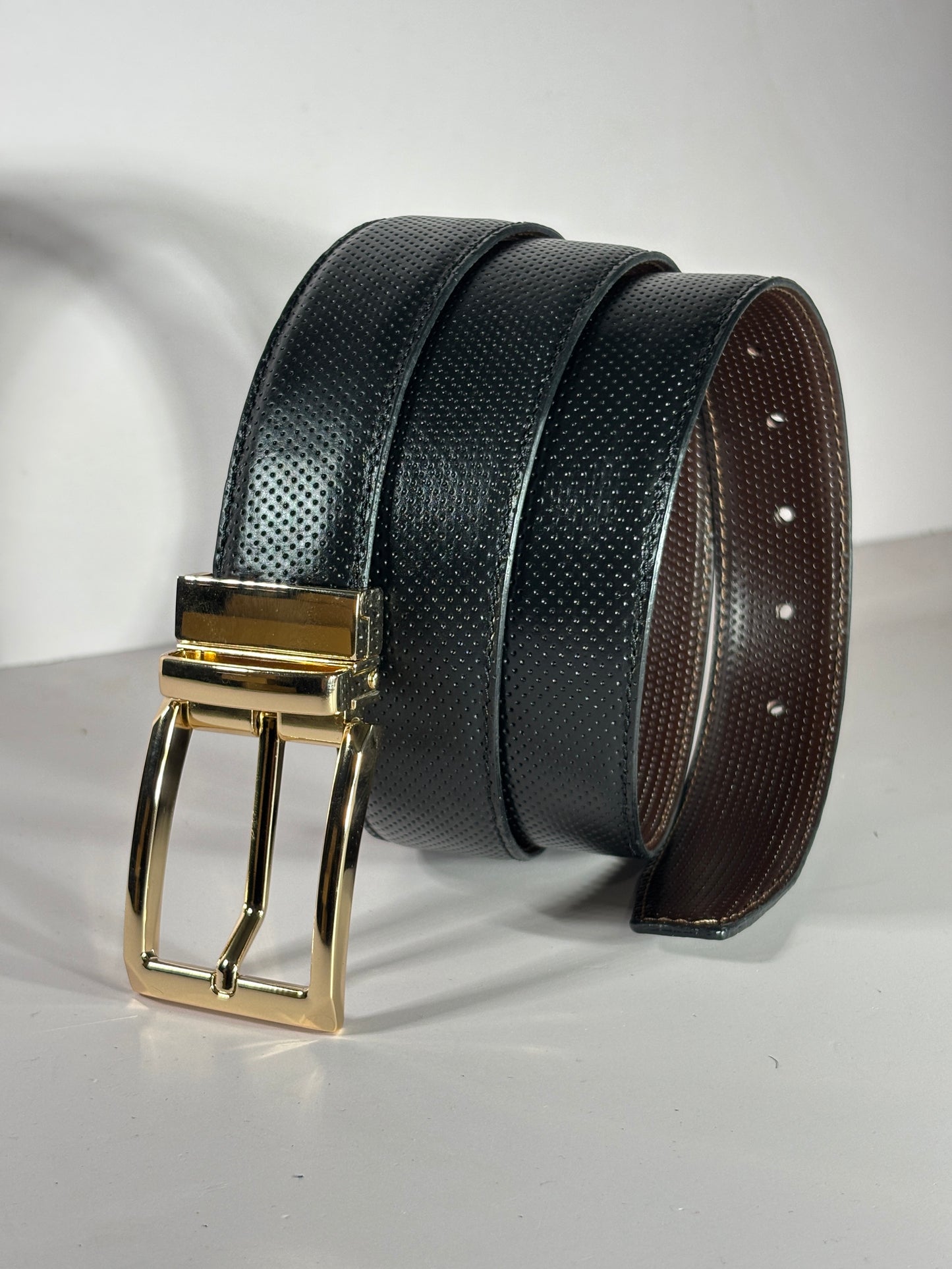 2-in-1 Double-Sided Cow Leather High Chrome Finish Belt - Perforated Black & Brown