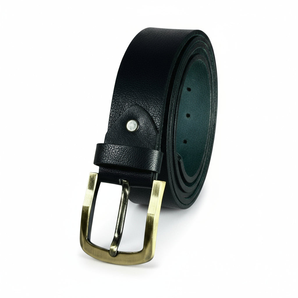 Black leather belt with a brass buckle on a light gray background