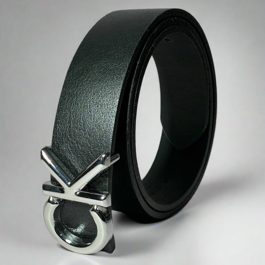 Black leather belt with silver buckle on a gray background