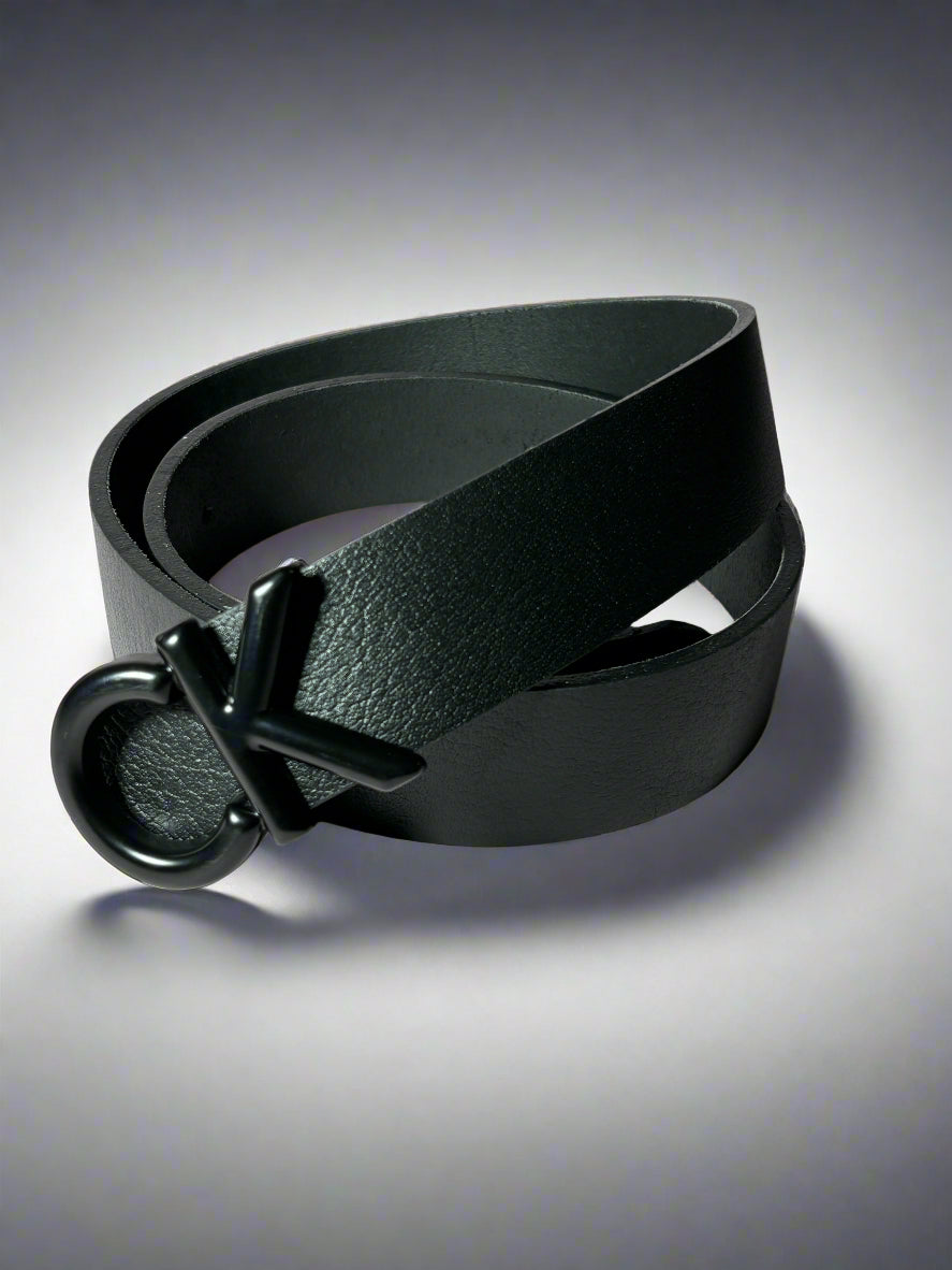Black belt with a prominent logo on a white background