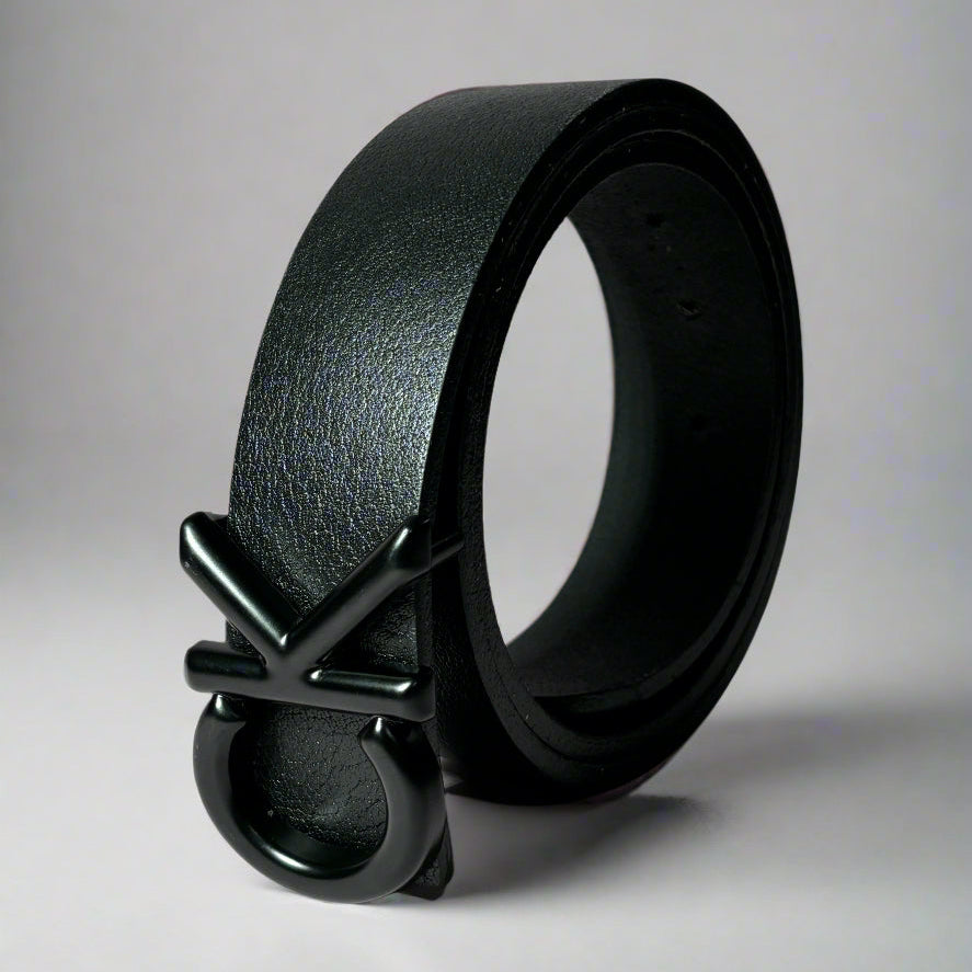 Black belt with a buckle on a light gray background