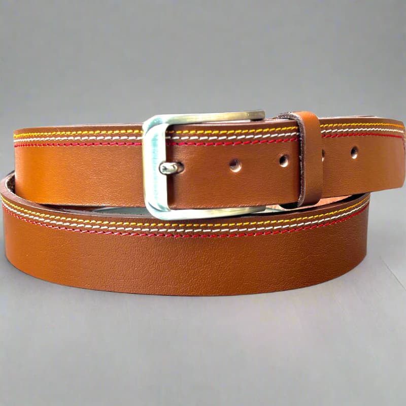 Brown Full Grain 100 % Leather Jeans Belt - Side Stitch