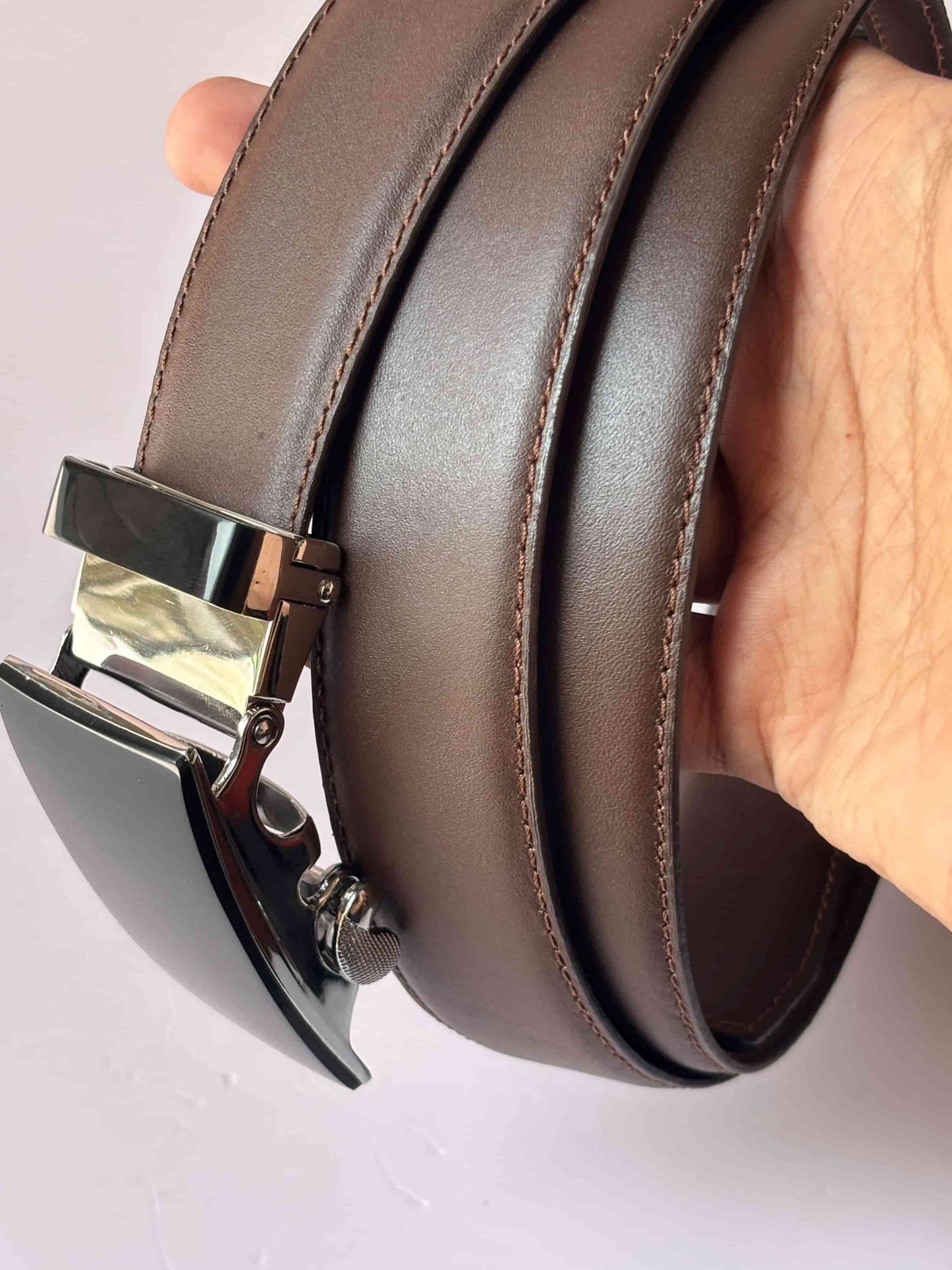 Real Full Grain 100% Cow Leather, Not Artificial Premium Auto Lock Belt – Dark Brown – Soft, Durable, Elite