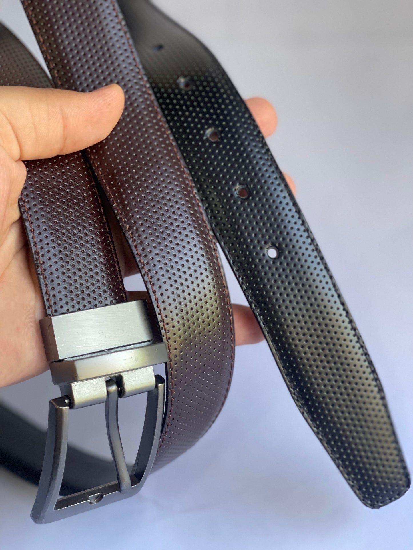 2-in-1 Double-Sided Cow Leather High Chrome Finish Belt - Perforated Black & Brown