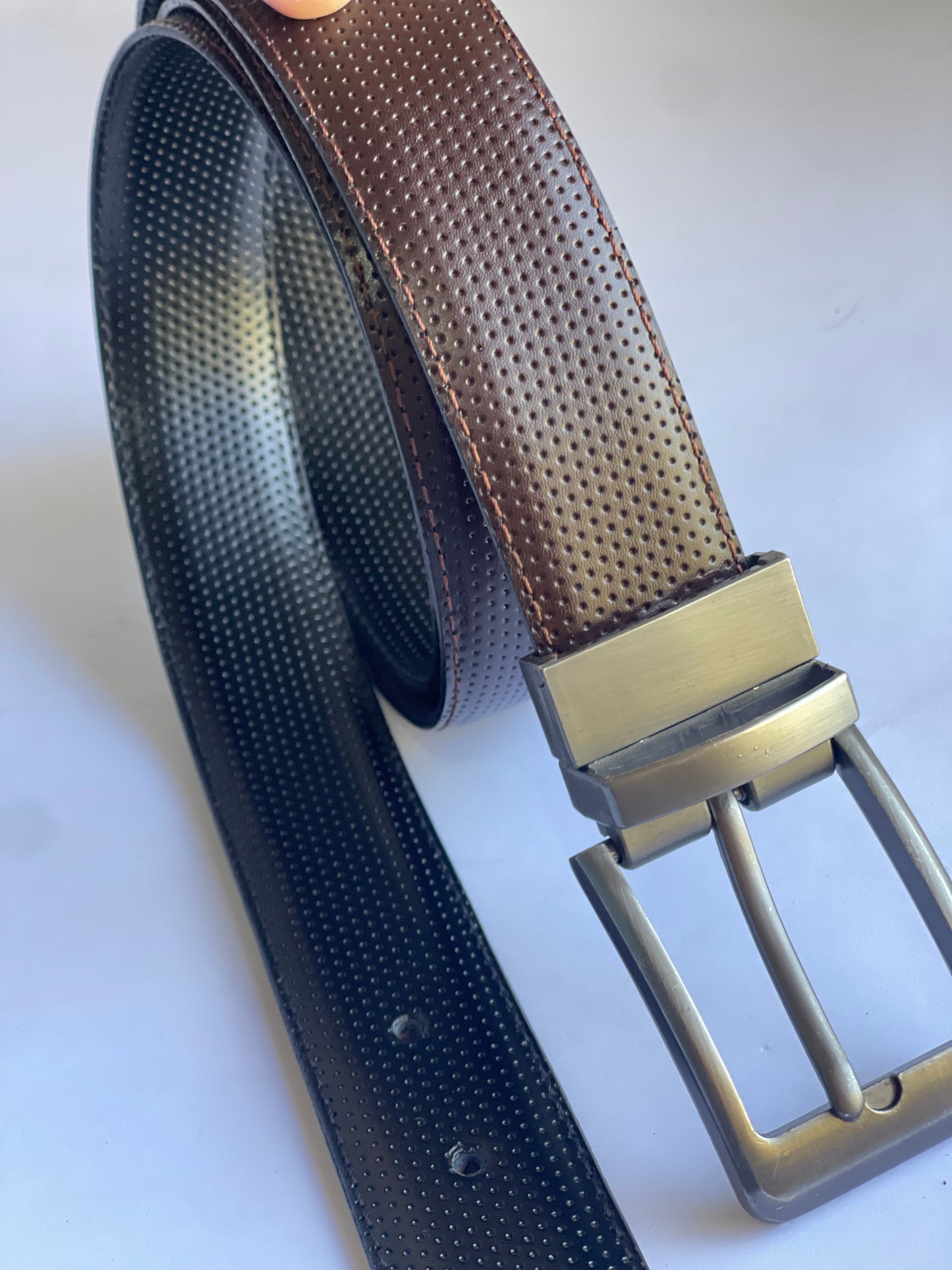 2-in-1 Double-Sided Cow Leather High Chrome Finish Belt - Perforated Black & Brown