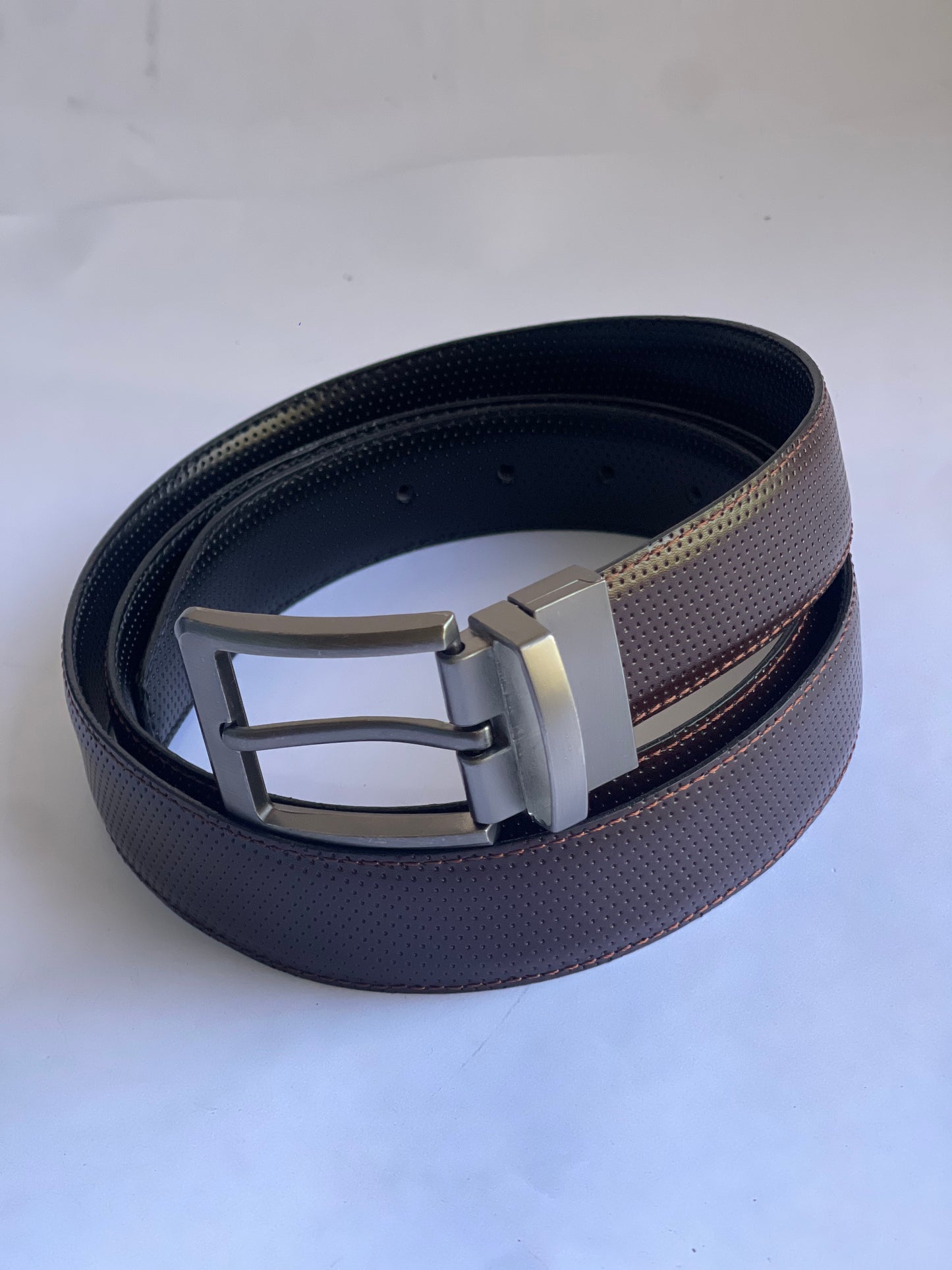 2-in-1 Double-Sided Cow Leather High Chrome Finish Belt - Perforated Black & Brown