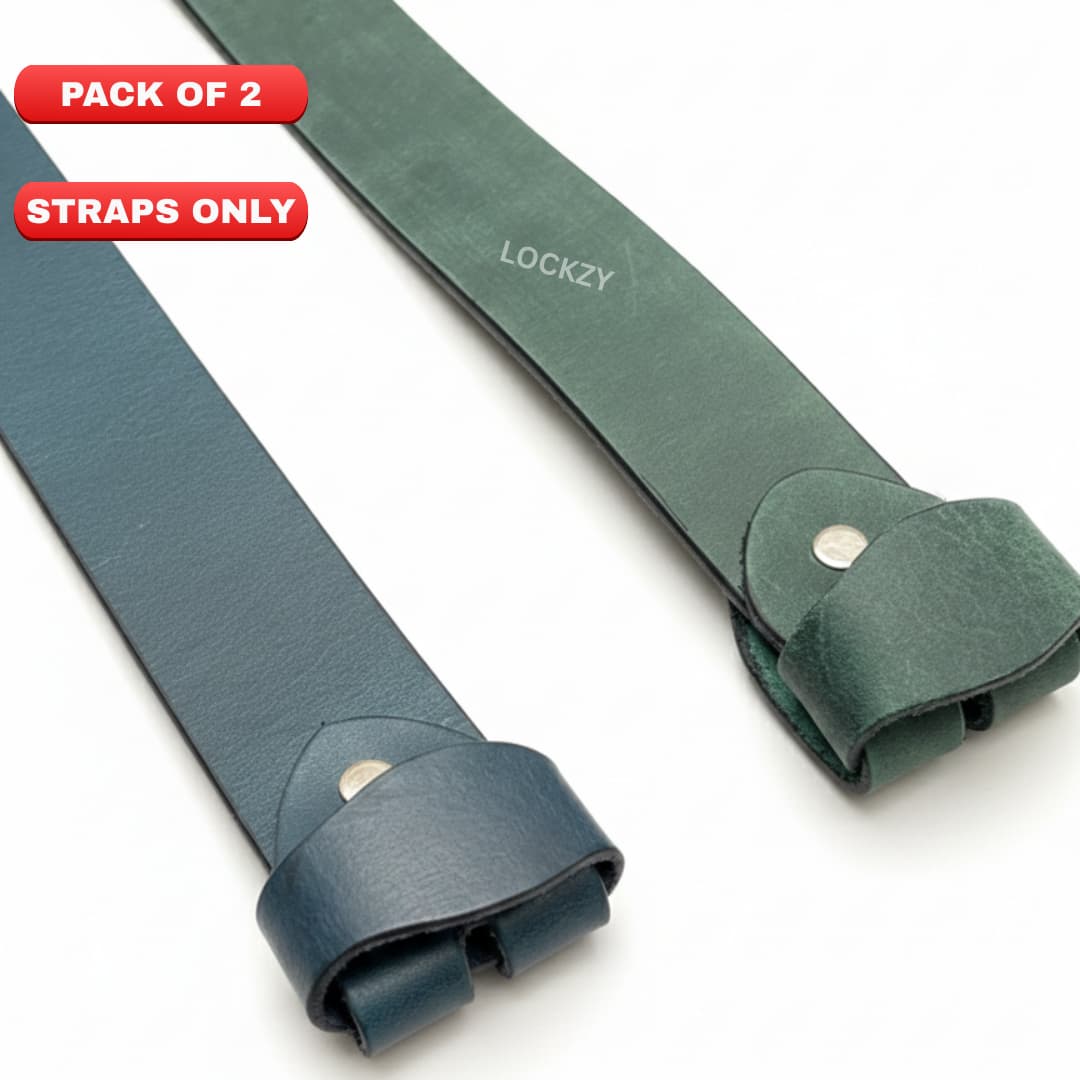 Pack of 2 - 40 MM Only Strap No Buckle Pull up Leather Straps - Blue & Green