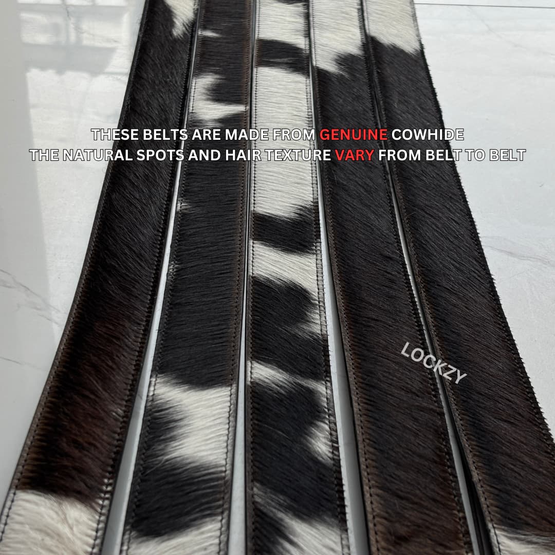 Premium Natural Hair-on-Hide Leather Belt | Black & White Cowhide | 40mm Width | Genuine Textured Leather