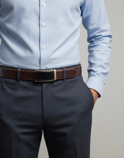 Real Full Grain 100% Cow Leather, Not Artificial Premium Auto Lock Belt – Dark Brown – Soft, Durable, Elite