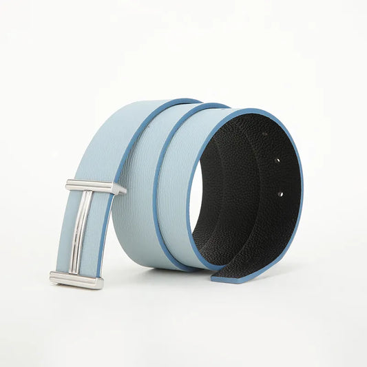 Blue 100% Leather Dress Belt - Classic Buckle - 2-Year Anti-Peeling Warranty