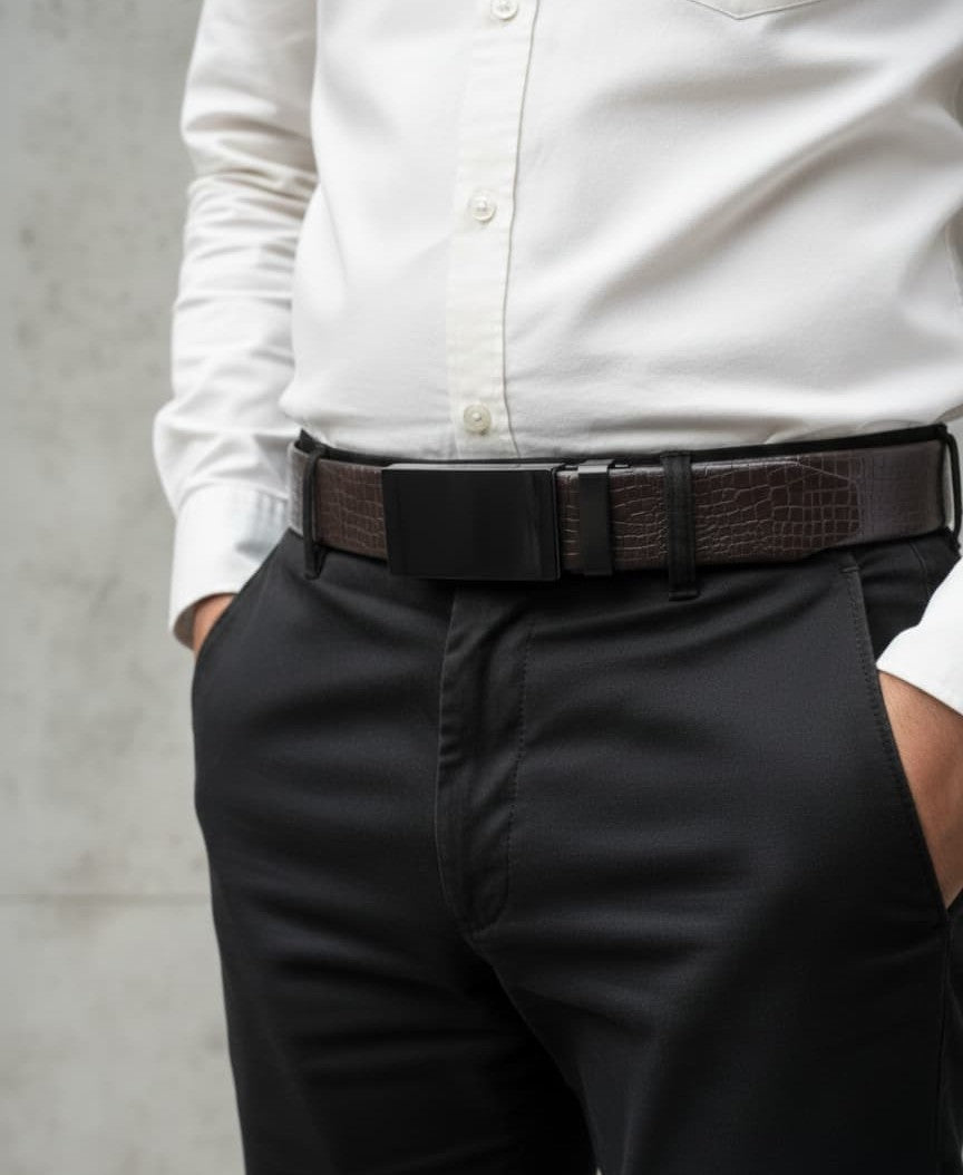 Imported Ratchet Track Auto Lock Belt – Pattern Chocolate Brown - Versatile Buckle Collection