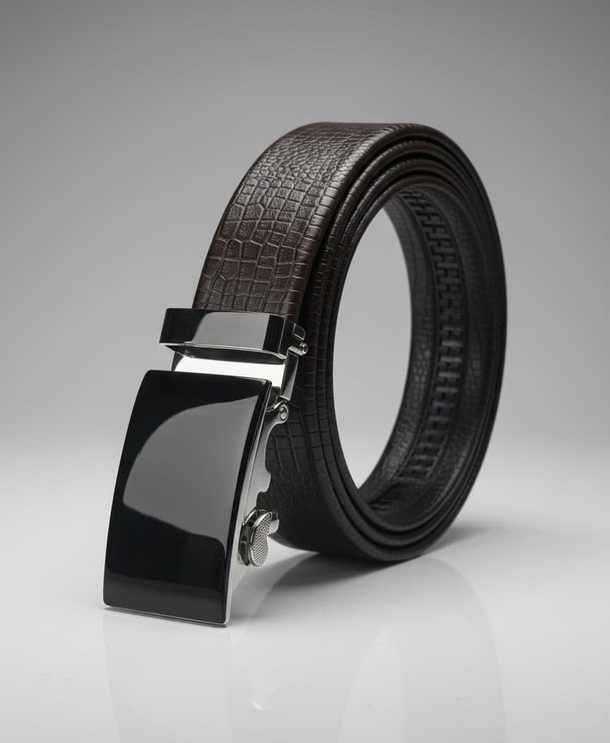 Imported Ratchet Track Auto Lock Belt – Pattern Chocolate Brown - Versatile Buckle Collection