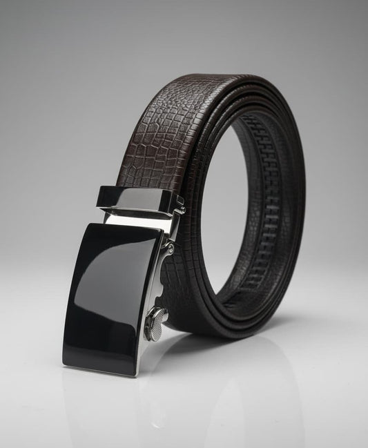 Imported Ratchet Track Auto Lock Belt – Pattern Chocolate Brown - Versatile Buckle Collection