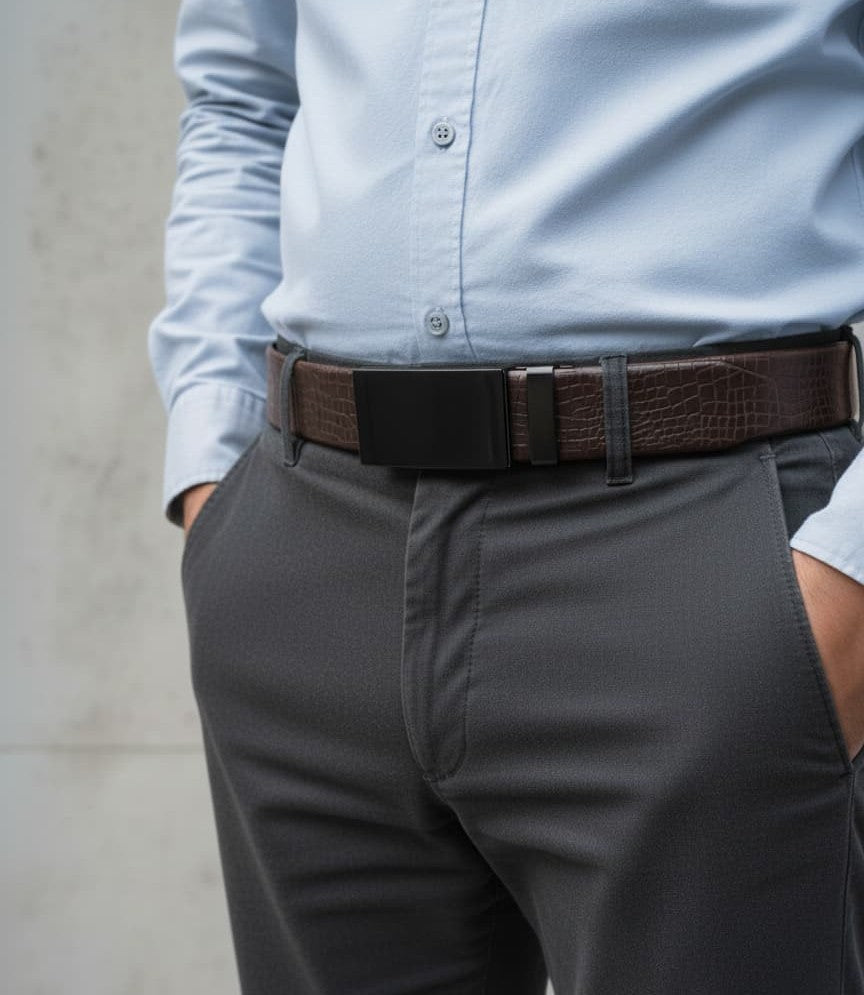Imported Ratchet Track Auto Lock Belt – Pattern Chocolate Brown - Versatile Buckle Collection