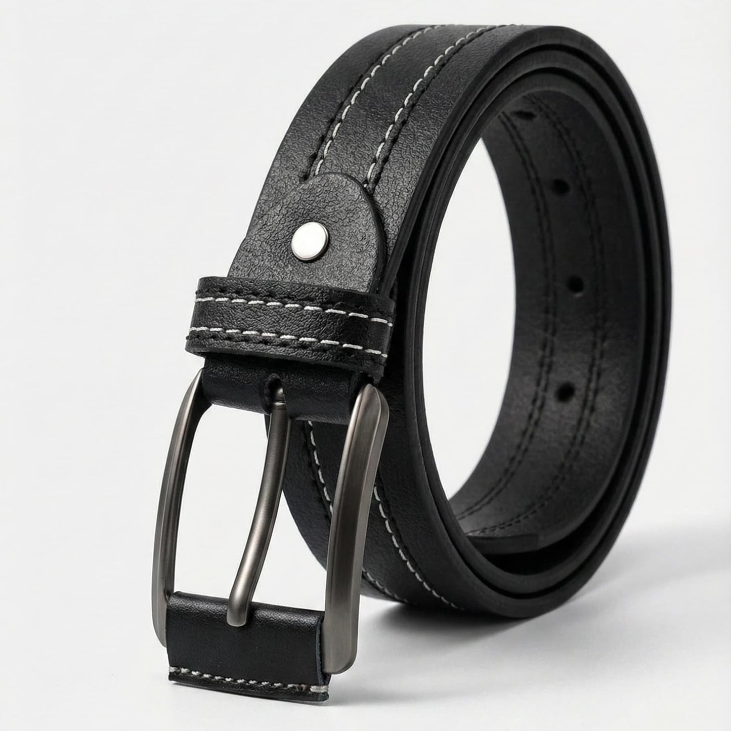Full Grain Natural Leather Belt - Black with White Stitching - 40MM