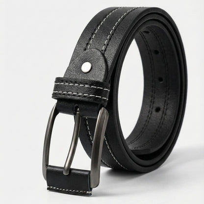 Full Grain Natural Leather Belt - Black with White Stitching - 40MM