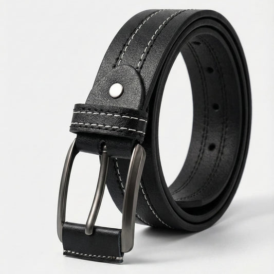 Full Grain Natural Leather Belt - Black with White Stitching - 40MM
