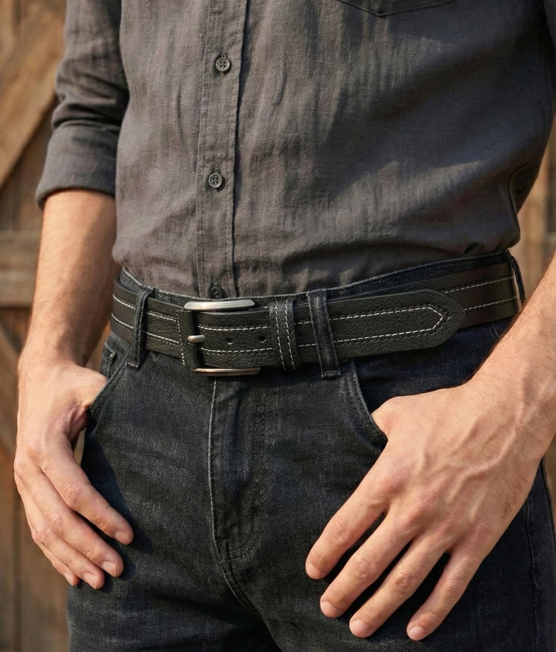 Person wearing a dark belt with a wooden background