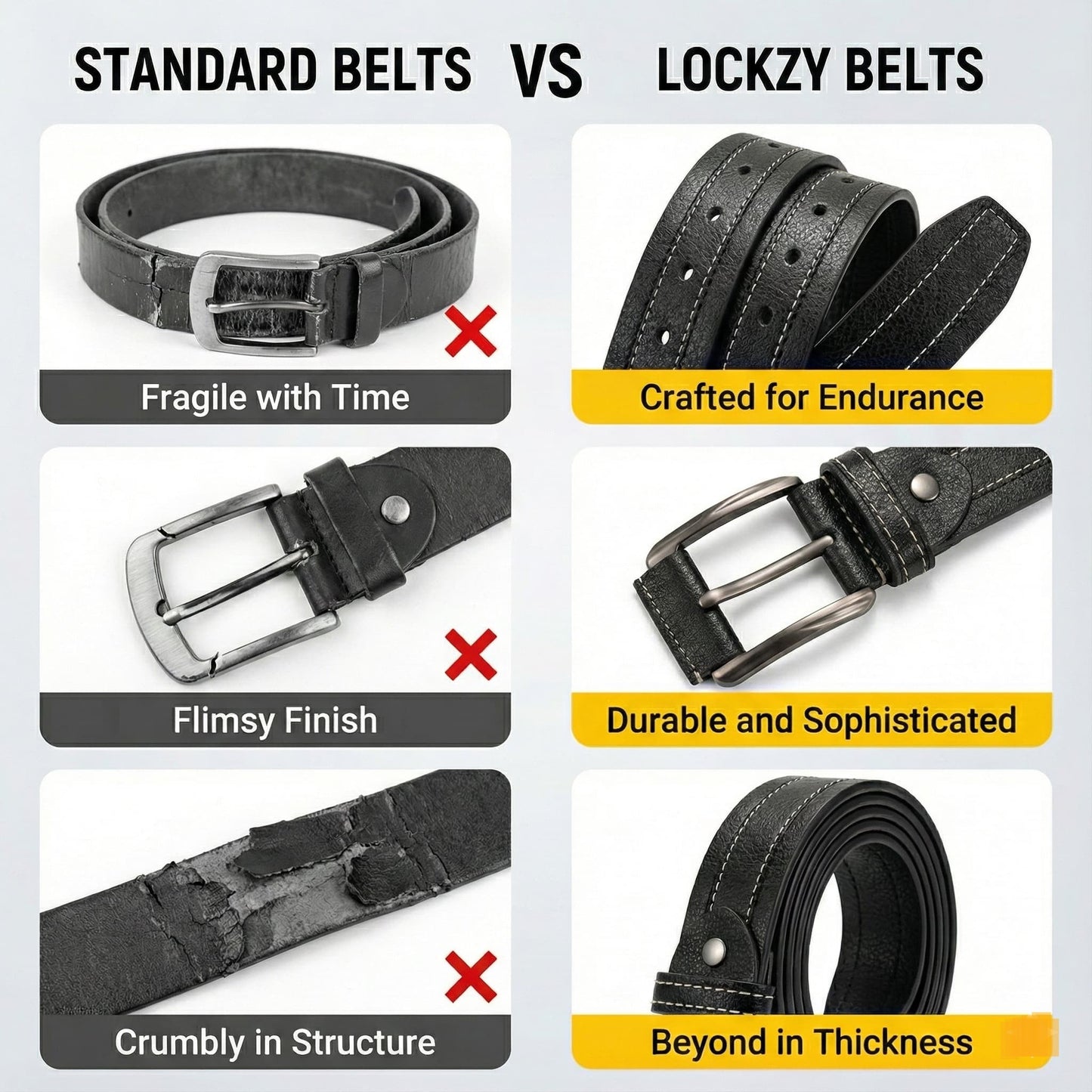Comparison chart of standard belts vs Lockzy belts with visual differences highlighted.