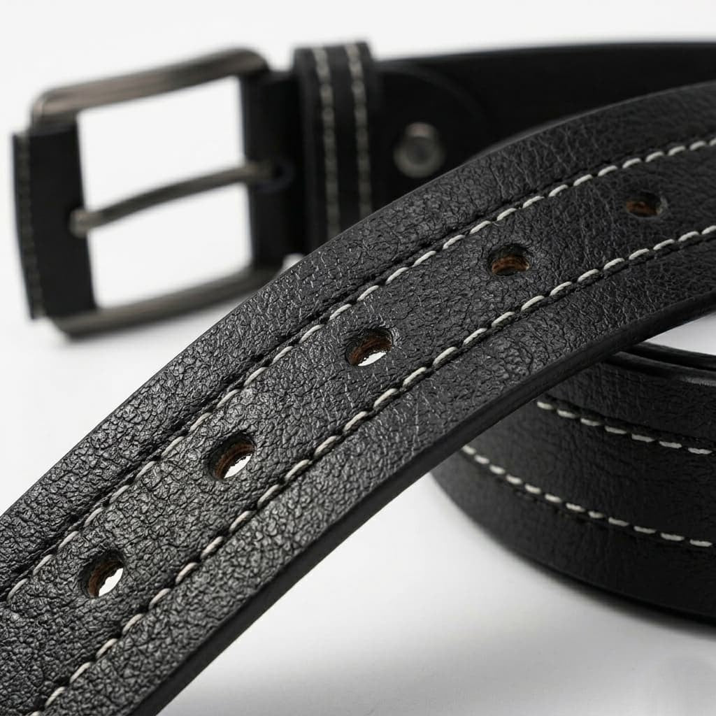 Full Grain Natural Leather Belt - Black with White Stitching - 40MM