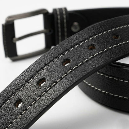 Full Grain Natural Leather Belt - Black with White Stitching - 40MM