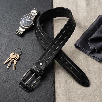 Full Grain Natural Leather Belt - Black with White Stitching - 40MM