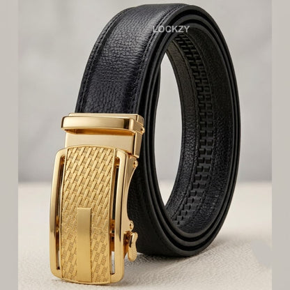 Auto Lock Full Grain Leather Belt -Golden Buckle Black Strap