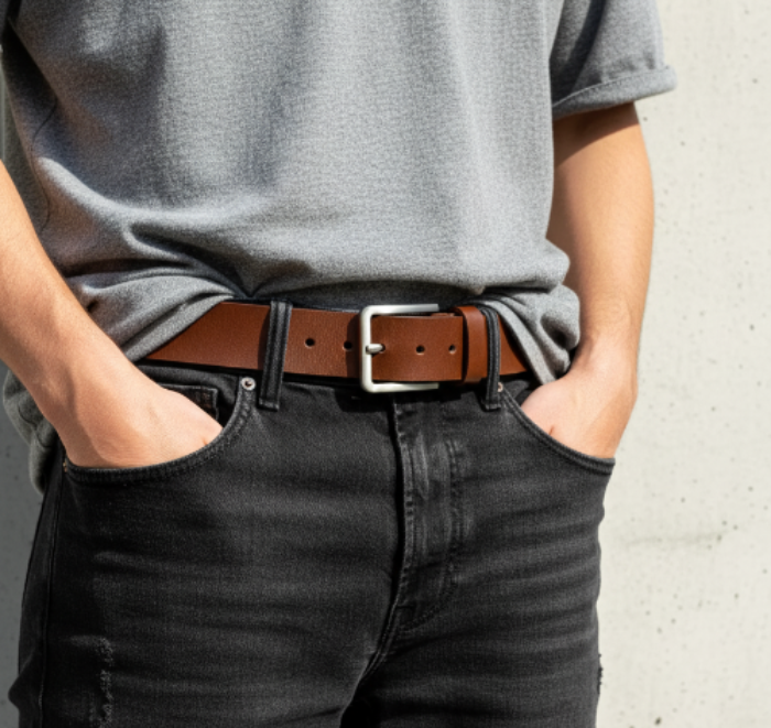 Person wearing black jeans and a gray shirt with a brown belt against a concrete wall.
