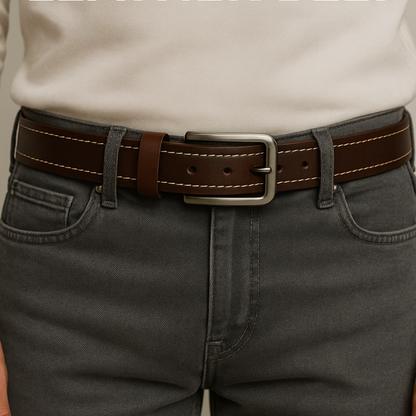 Dark Brown Full Grain 100% Leather Jeans Belt - White Contrast Stitching