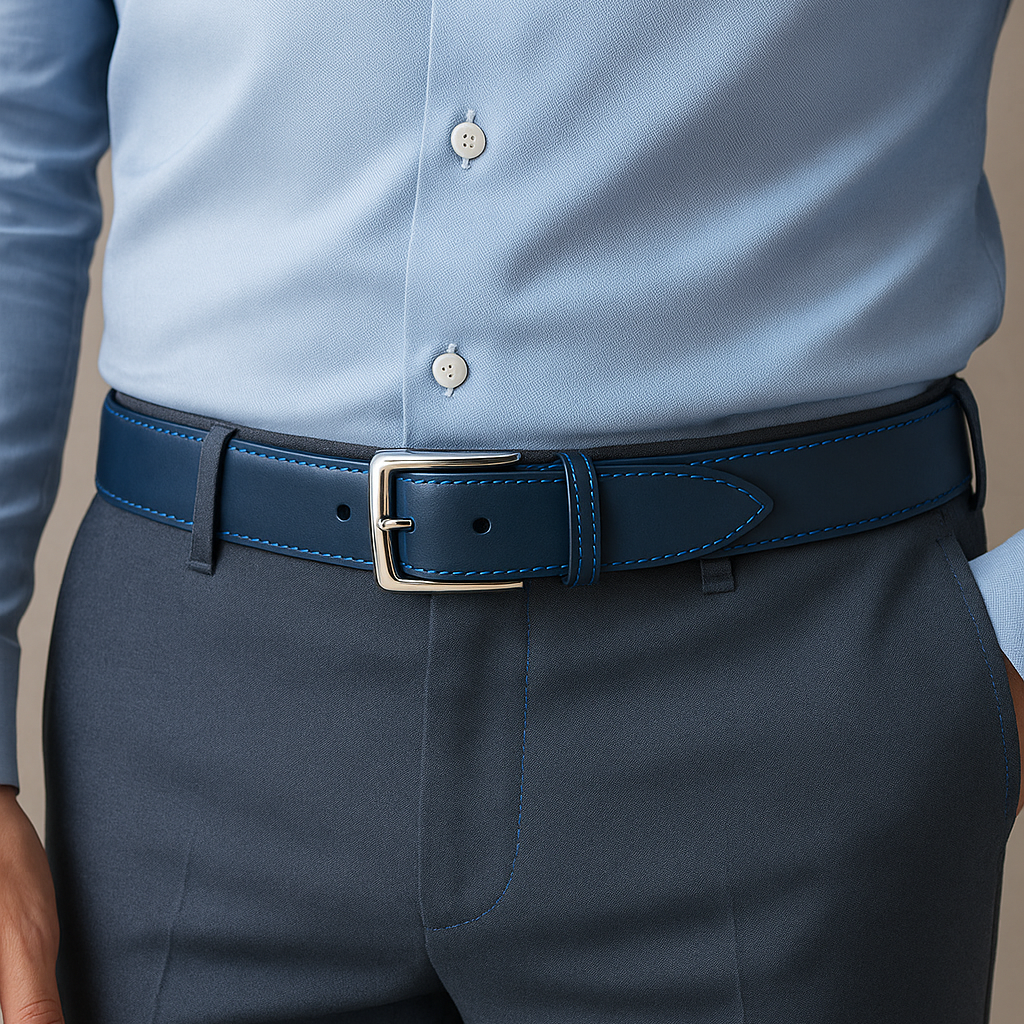 2-in-1 Double-Sided Natural Cow Leather Belt - Blue & Beige - 2 years Warranty Against Peeling
