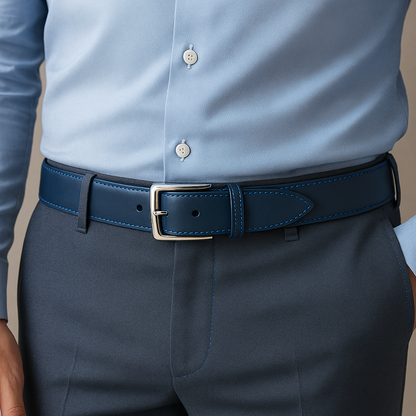 2-in-1 Double-Sided Natural Cow Leather Belt - Blue & Beige - 2 years Warranty Against Peeling