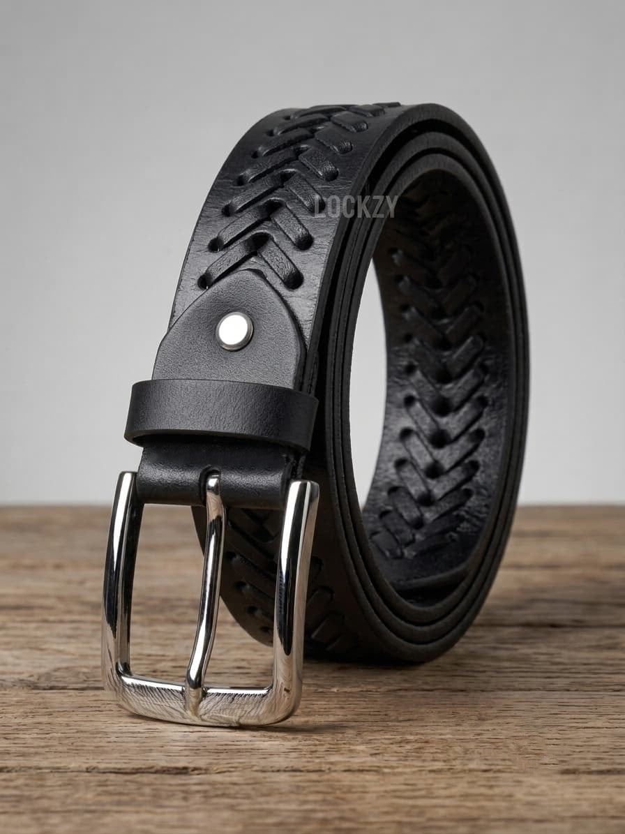 Limited Edition Black Crazy Horse Handmade Chevron Pattern Leather Belt - 40 MM