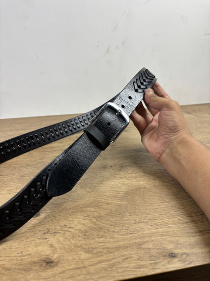 Limited Edition Black Crazy Horse Handmade Chevron Pattern Leather Belt - 40 MM